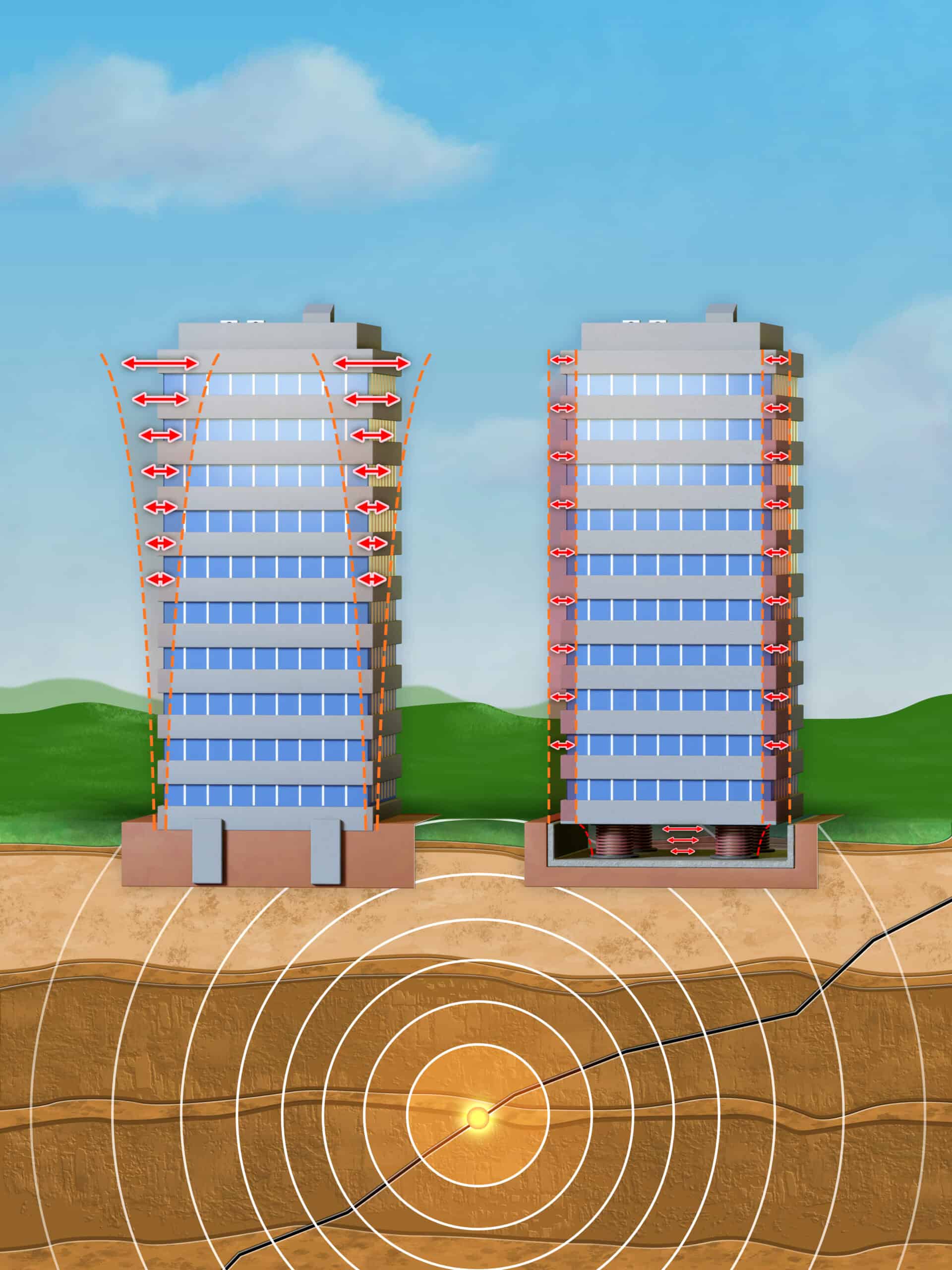 Two high-rise buildings show seismic response: left sways with lateral red arrows and dashed envelopes; right on base isolators reduces movement; below, an earthquake epicenter emits concentric shockwaves.