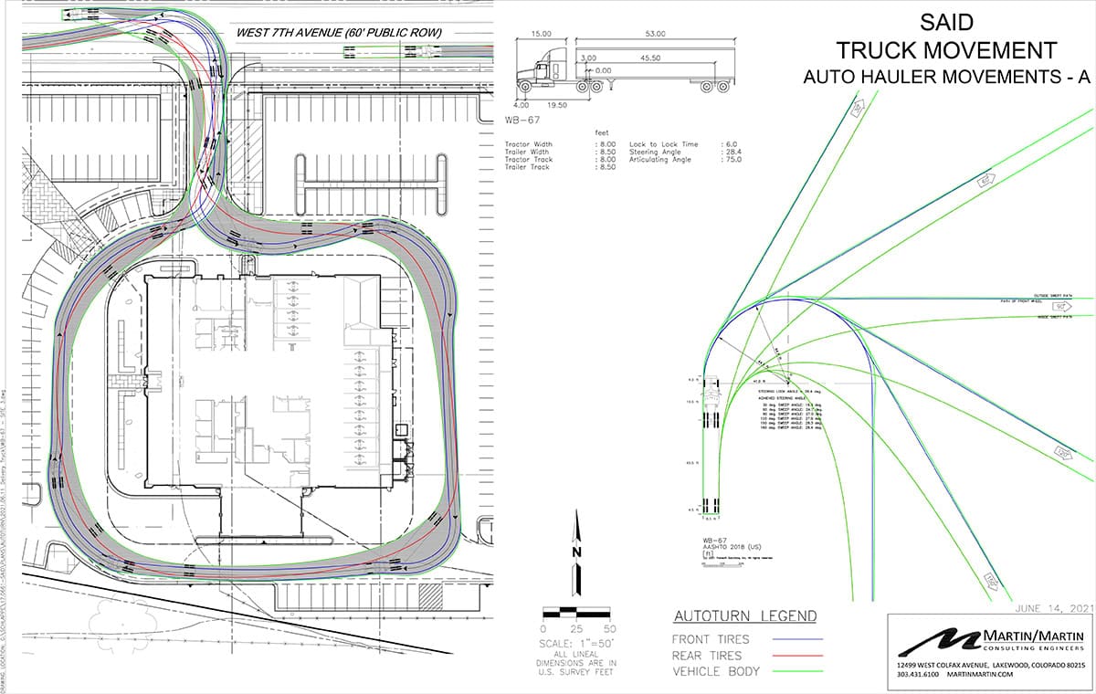 Auto-hauler turning templates (colored wheel and body paths) trace a truck negotiating tight curved drive aisles around a rectangular building and parking lot on a site plan.

Transcribed text found in the image:
- WEST 7TH AVENUE (60' PUBLIC ROW)
- SAID
- TRUCK MOVEMENT
- AUTO HAULER MOVEMENTS - A
- (Truck diagram with dimensions) 15.00   53.00   3.00   45.50
- WB-67
- Tractor Width : 8.00 feet
- Trailer Width : 8.50 feet
- Tractor Track : 8.00 feet
- Trailer Track : 8.50 feet
- Lock to Lock Time : 6.0
- Steering Angle : 28.4
- Articulating Angle : 75.0
- AUTOTURN LEGEND
- FRONT TIRES
- REAR TIRES
- VEHICLE BODY
- SCALE: 1" = 50' 
- ALL LINEAR DIMENSIONS ARE U.S. SURVEY FEET
- 0   25   50
- (north arrow) N
- JUNE 14, 2021
- MARTIN/MARTIN CONSULTING ENGINEERS
- 12499 WEST COLFAX AVENUE, LAKEWOOD, COLORADO 80215
- 303.431.6100
- MARTINMARTIN.COM

(Note: only prominent, legible text has been transcribed; very small or overlapping callouts on the drawing are not individually listed.)