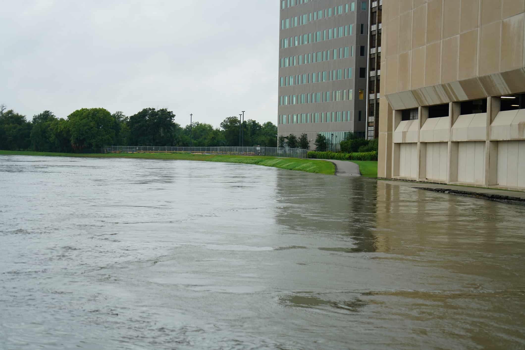 River water laps at a concrete office building's base, flooding a nearby path; grassy bank and tree line extend left under an overcast sky.
