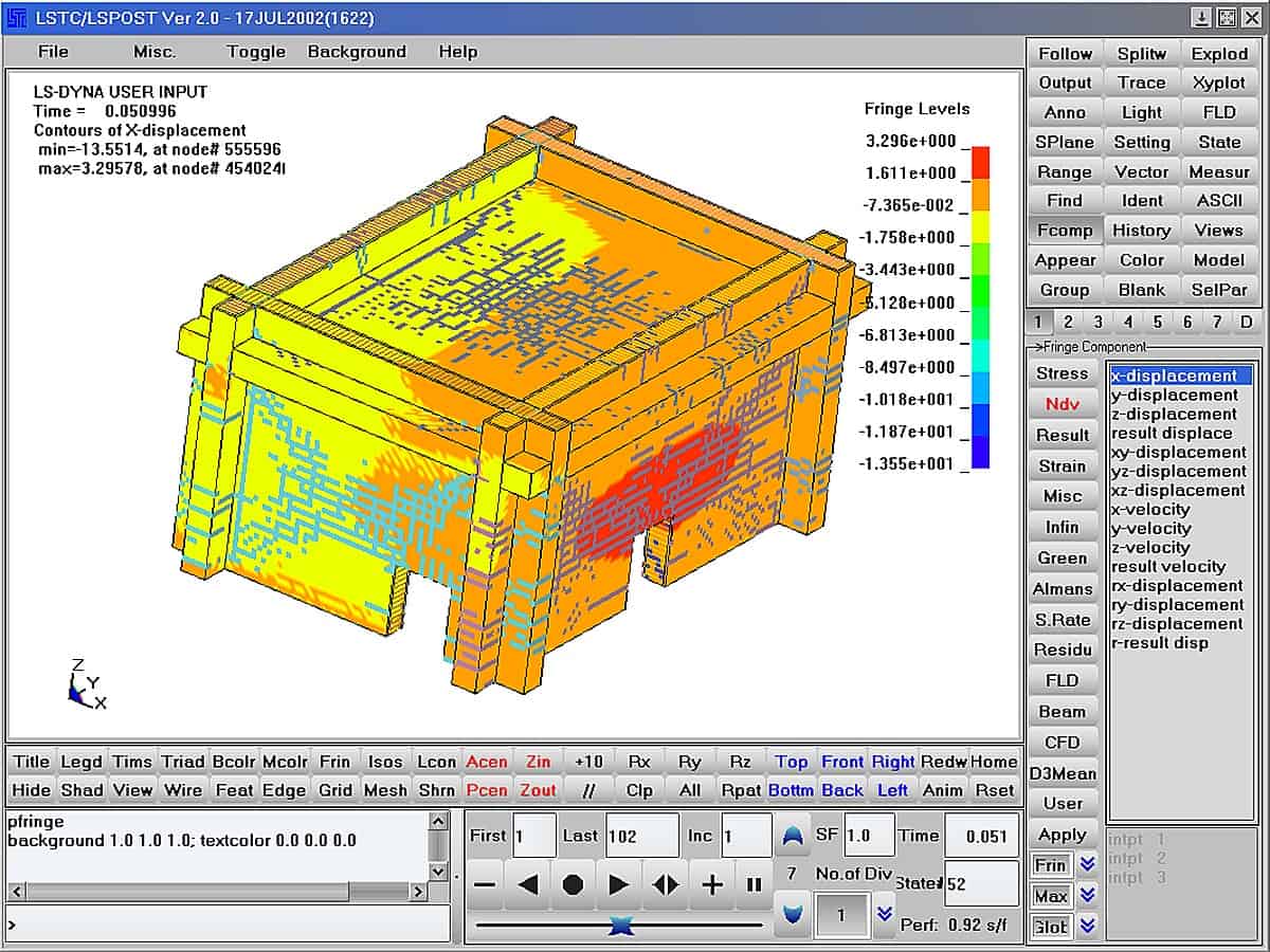 Rectangular crate model shows colored X-displacement contours mapped across its faces, displayed within a finite-element postprocessing GUI window with controls, legend, and playback tools.

Transcribed text (as visible):

LSTC/LSPOST Ver 2.0 - 17JUL2002(1622)

File    Misc.    Toggle    Background    Help

LS-DYNA USER INPUT
Time = 0.050996
Contours of X-displacement
min=-13.5514, at node# 555596
max=3.29578, at node# 454024

Fringe Levels
3.296e+000
1.611e+000
-7.365e-002
-1.758e+000
-3.443e+000
-5.128e+000
-6.813e+000
-8.497e+000
-1.018e+001
-1.187e+001
-1.355e+001

Follow    Splitw    Explod
Output    Trace     Xyplot
Anno      Light     FLD
SPlane    Setting   State
Range     Vector    Measure
Find      Ident     ASCII
Fcomp     History   Views
Appear    Color     Model
Group     Blank     SelPar

(1 2 3 4 5 6 7 8)

Fringe Component
Stress
Ndv
Result
Strain
Misc
Infin
Green
Almans
S.Rate
Resid
FLD
Beam
CFD
D3Mean
User

x-displacement
y-displacement
z-displacement
result displace
xy-displacement
xz-displacement
yz-displacement
x-velocity
y-velocity
z-velocity
result velocity
rx-displacement
ry-displacement
rz-displacement
r-result disp

Apply
Frin
Max
Slot
Intpt 1
Intpt 2
Intpt 3

pfringe
background 1.0 1.0 1.0; textcolor 0.0 0.0 0.0

Title Legd Tims Triad Bcolr Mcolr Frin Isos Lcon Acen Zin +10 Px Ry Rz Top Front Right Redw Home
Hide Shad View Wire Feat Edge Grid Mesh Shrn Pcen Zout // Clip All Rpat Bottm Back Left Anim Rset

First 1 Last 102 Inc 1  SF 1.0  Time 0.051
[playback buttons: rewind, back, play, forward, stop]
No. of Div 7  State 52
Perf: 0.92 s/f

(Z Y X)