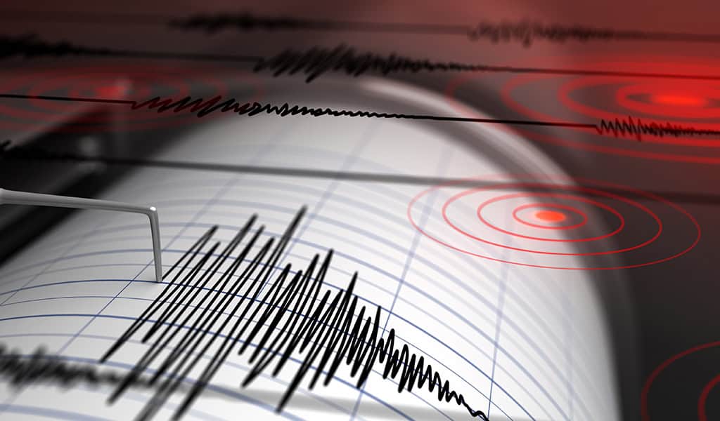 Seismograph needle scribbles dense, jagged tremor lines across rotating graph paper, while faint red concentric rings and waveform traces overlay the blurred dark background, suggesting seismic activity and epicenters.