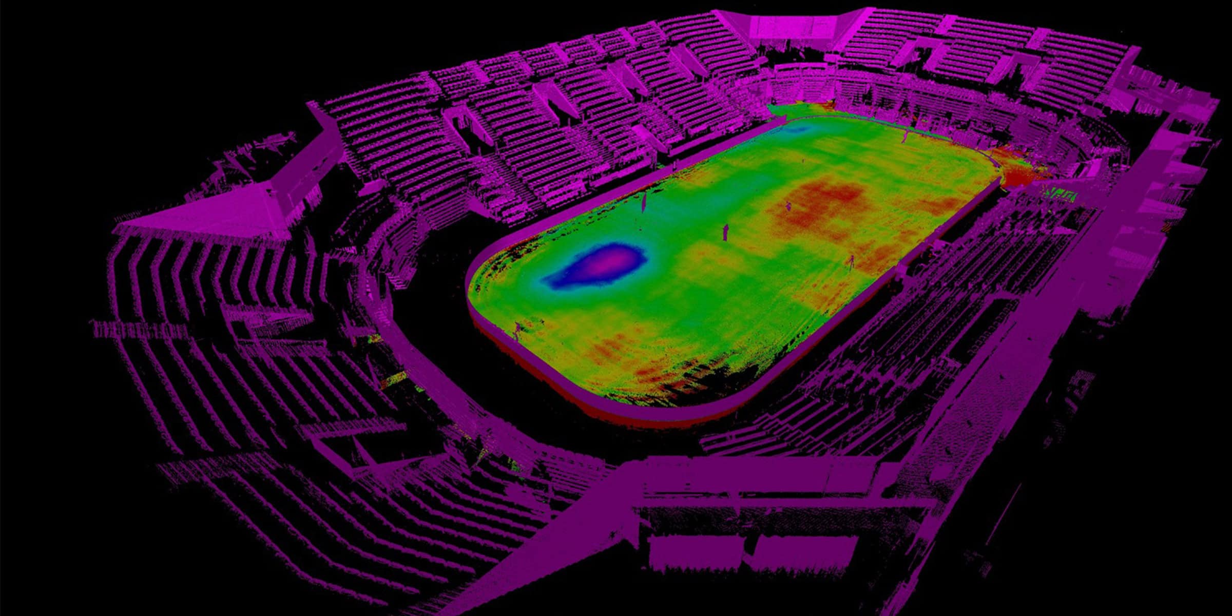 Oval stadium field shown as a false-color LiDAR point cloud, revealing a blue-to-red depression near one end; surrounding spectator stands rendered in magenta against a black background.