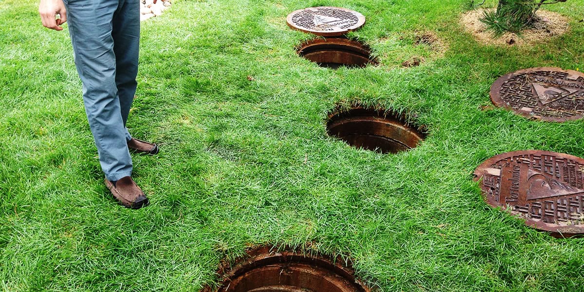 Circular manhole covers—several removed revealing open shafts—dot a green lawn as a person stands nearby in blue pants and brown shoes. No legible text visible.