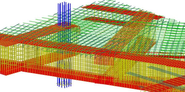 Reinforcement cage forms a dense multicolored steel rebar grid around rectangular openings, with vertical blue bars rising, displayed as a 3D structural CAD model on a white background.