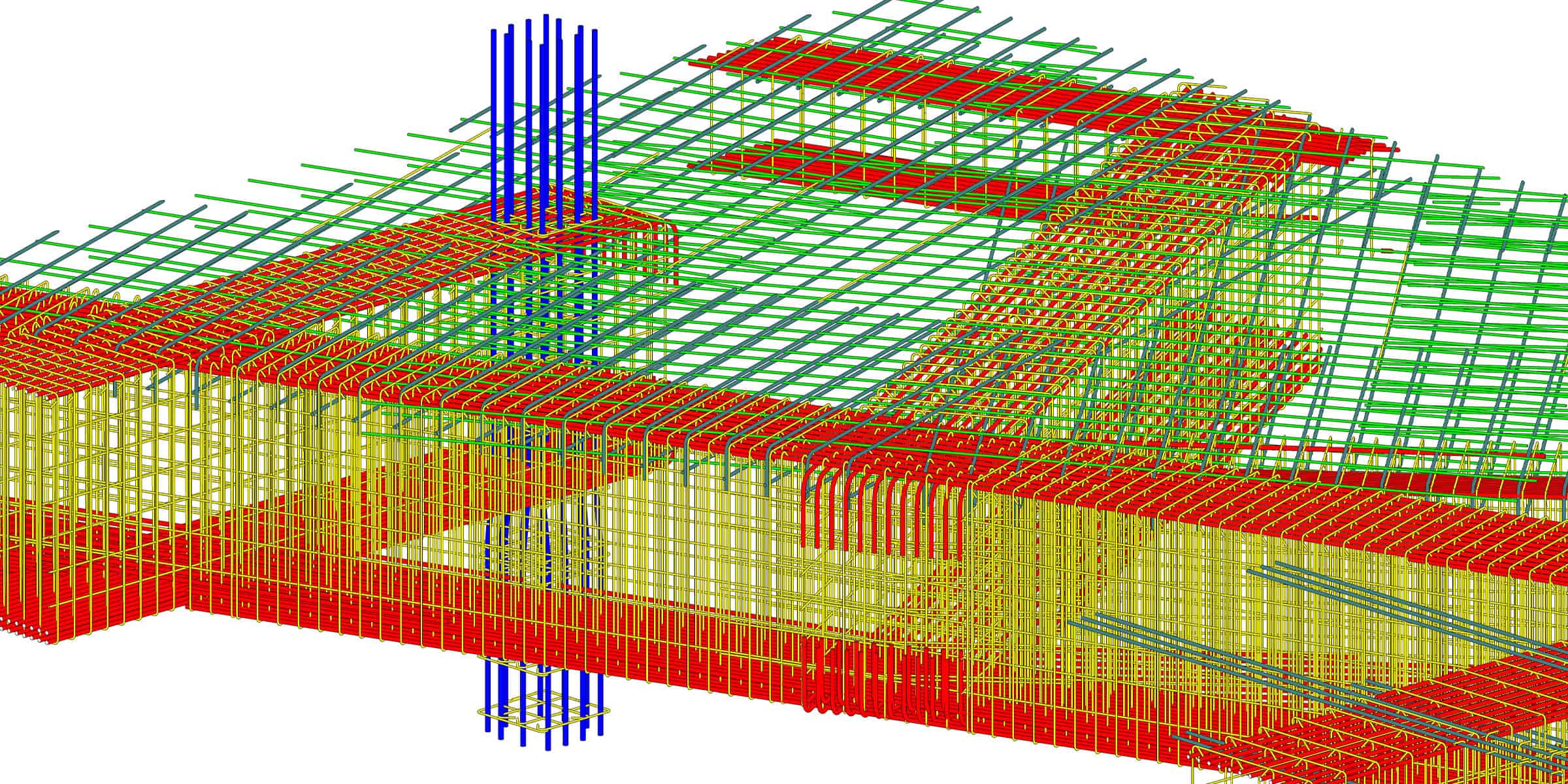 Reinforcement cage forms a dense multicolored steel rebar grid around rectangular openings, with vertical blue bars rising, displayed as a 3D structural CAD model on a white background.