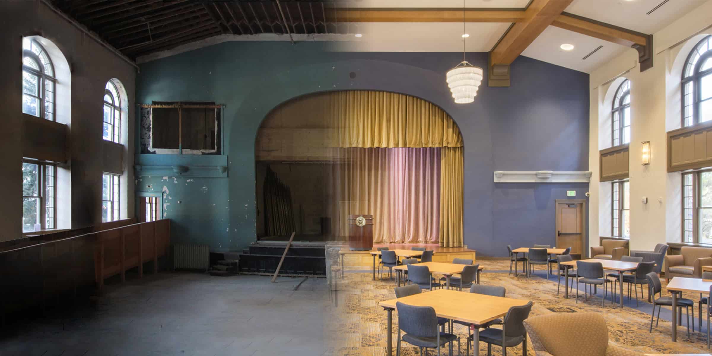 A central stage with a gold curtain divides a decayed, empty auditorium on the left and a renovated meeting room on the right with tables, chairs, arched windows, chandelier. Text: "EXIT"