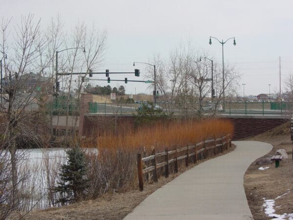 A paved walking path curves past a wooden fence and orange-brown reeds beside a frozen pond, with leafless trees and distant traffic lights on an overpass under a gray sky.