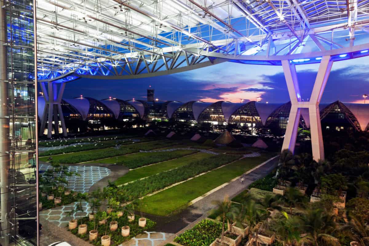 F969JK Bangkok airport at sunset  Suvarnabhumi Airport (BKK). Bangkok, Thailand
