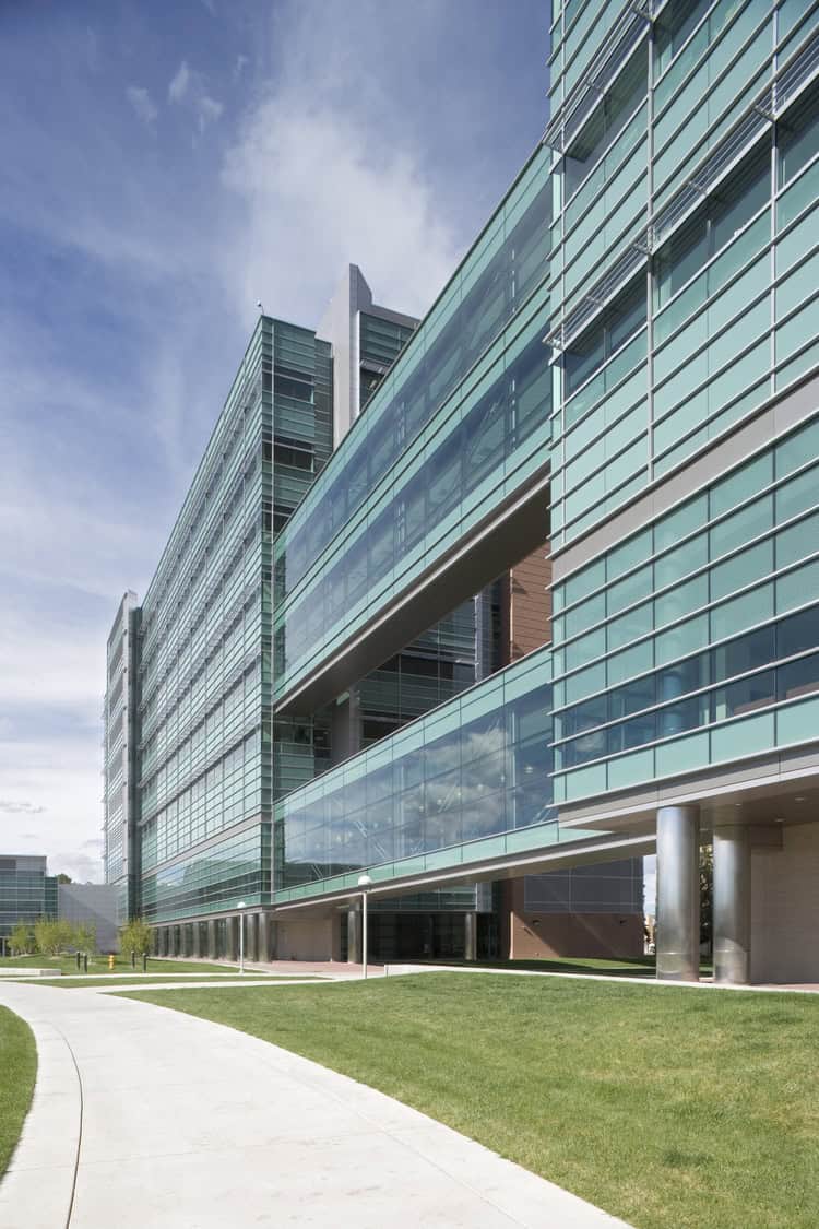 A multi-story glass office building stretches upward, its teal-green façades linked by enclosed skybridges above a paved walkway and manicured lawn under a bright blue sky.