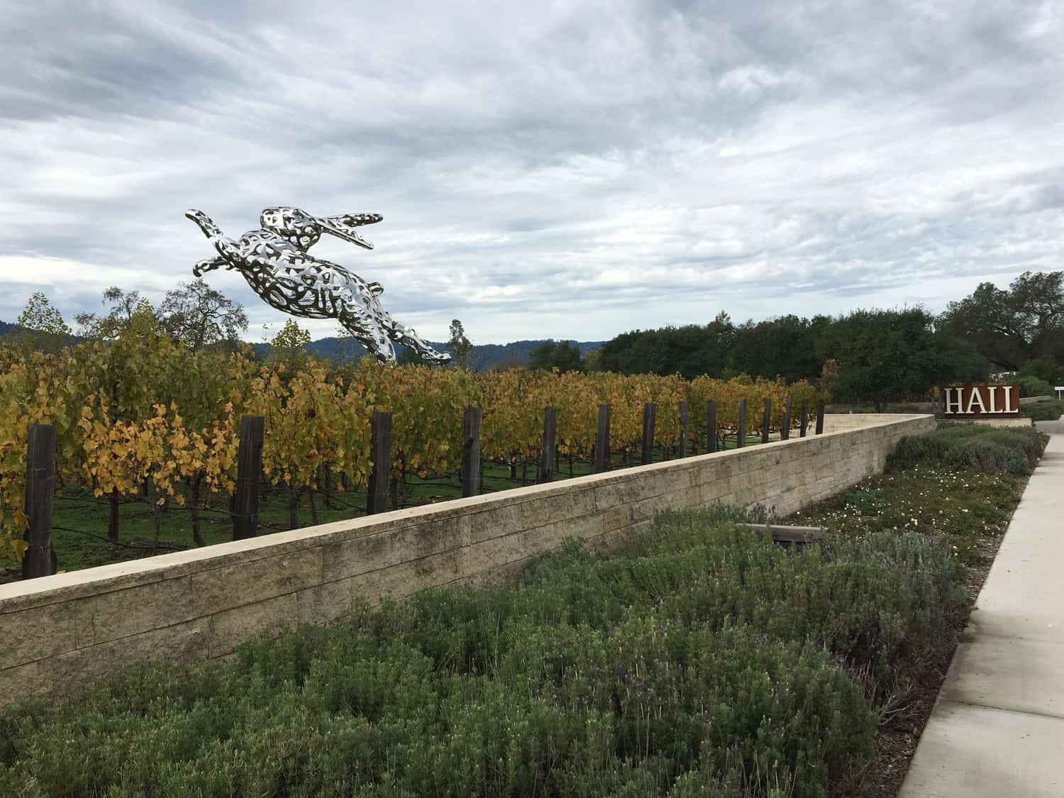 A large perforated metal rabbit sculpture appears to leap over rows of yellowing grapevines, set behind a low stone wall and walkway under an overcast sky; a sign reads "HALL".