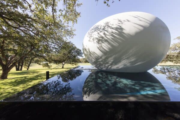 A large smooth white egg-shaped sculpture rests on a glossy black reflecting pool, its shadowed tree patterns mirrored in the water, set in a sunlit grassy park with sprawling oak trees.