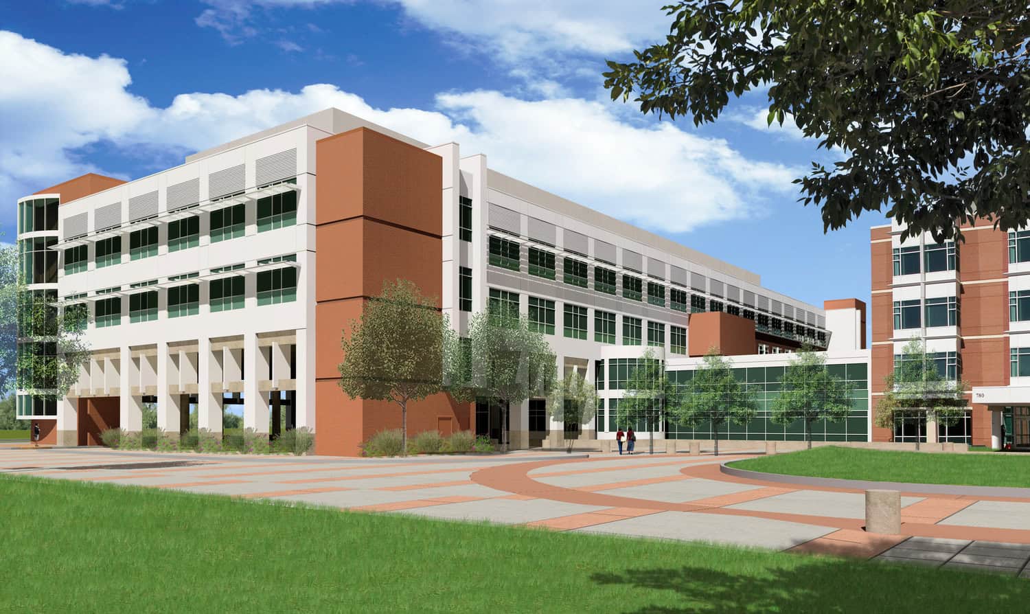 A modern multi-story brick-and-glass academic building faces a circular paved plaza; people walk near trees and lawn under a blue sky. Text on entrance reads "780".