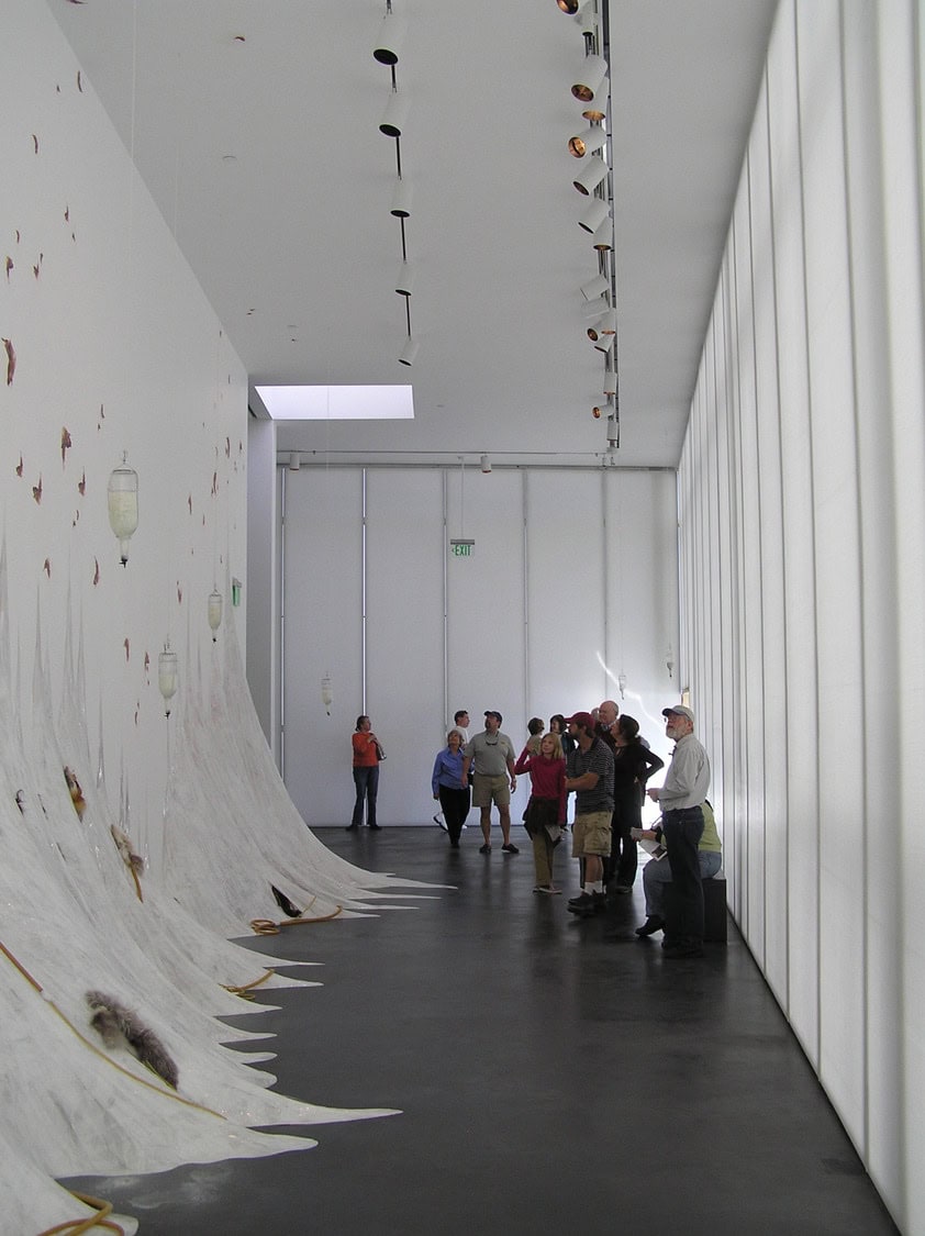 Large white undulating wall sculpture curves along a gallery; visitors stand clustered observing. Bright, high-ceilinged space with tall translucent windows. Text: "EXIT"