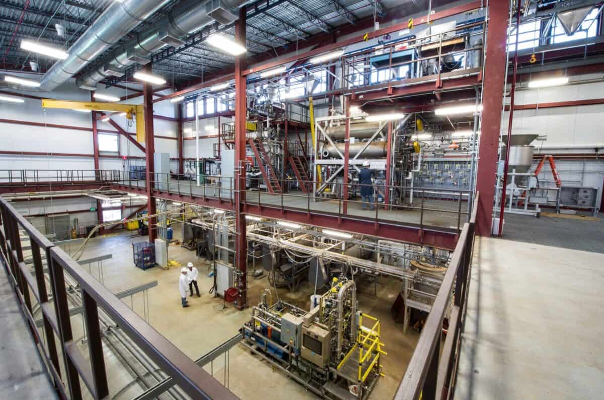 June 17, 2015 - Integrated Biorefinery Research Facility (IBRF) includes horizontal tube pretreatment reactor systems (upper level) and high-solids enzymatic hydrolysis reactors (main level). (Photo by Dennis Schroeder / NREL)