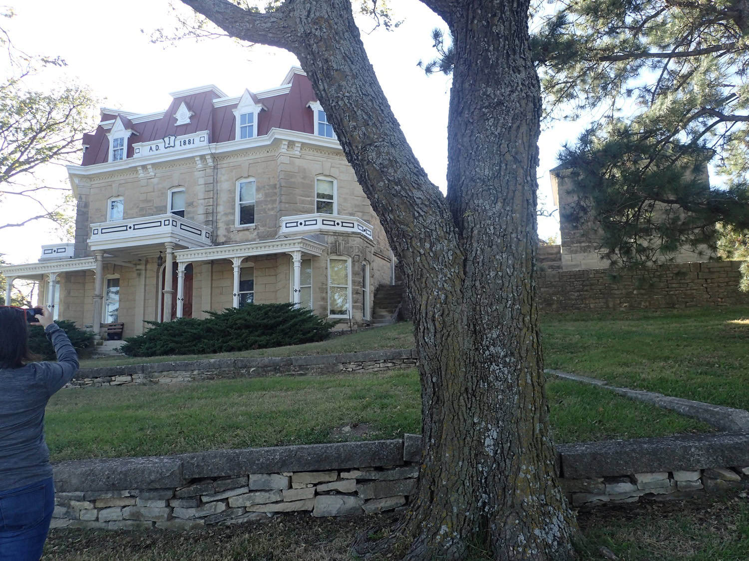 Tree splits into two trunks, framing a stone Victorian house (inscription "A.D. 1881") with a red mansard roof; a person photographically documents it from the left on a terraced lawn.