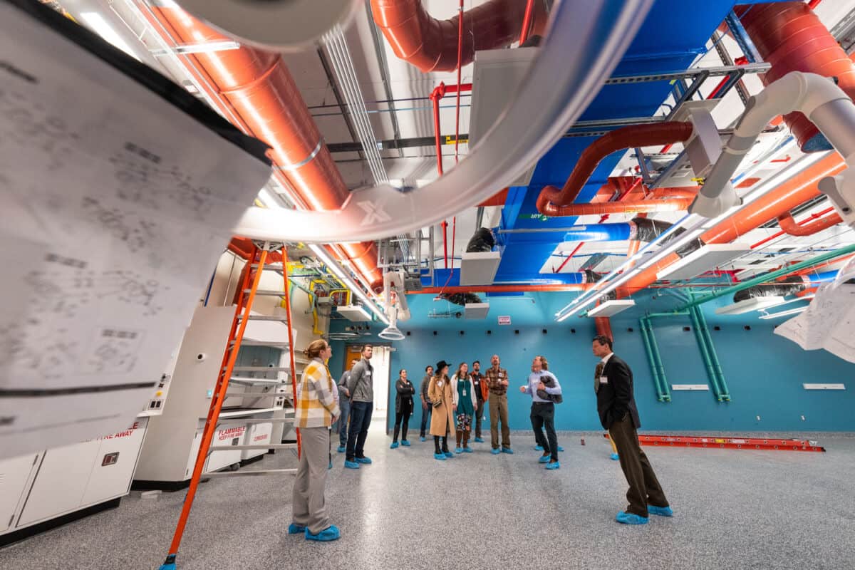 March 9, 2023 - Visitors from the International Institute for Sustainable Laboratories (I2SL) take a tour of the National Renewable Energy Laboratory’s (NREL’s) Research and Innovation Laboratory (RAIL) building, which is nearing completion. Construction on the building began in fall of 2021. (Photo by Werner Slocum / NREL)