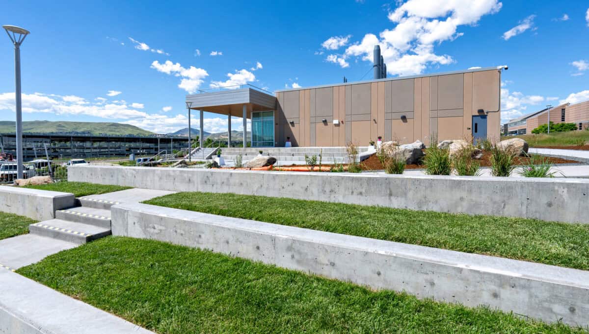 August 4, 2023 - Landscape projects at the National Renewable Energy Laboratory’s (NREL’s) Research and Innovation Laboratory (RAIL), are in the final stages for the facility on NREL’s South Table Mountain (STM) campus. The RAIL is a flexible, multipurpose lab space to support growing cross-disciplinary research. (Photo by Werner Slocum / NREL)
