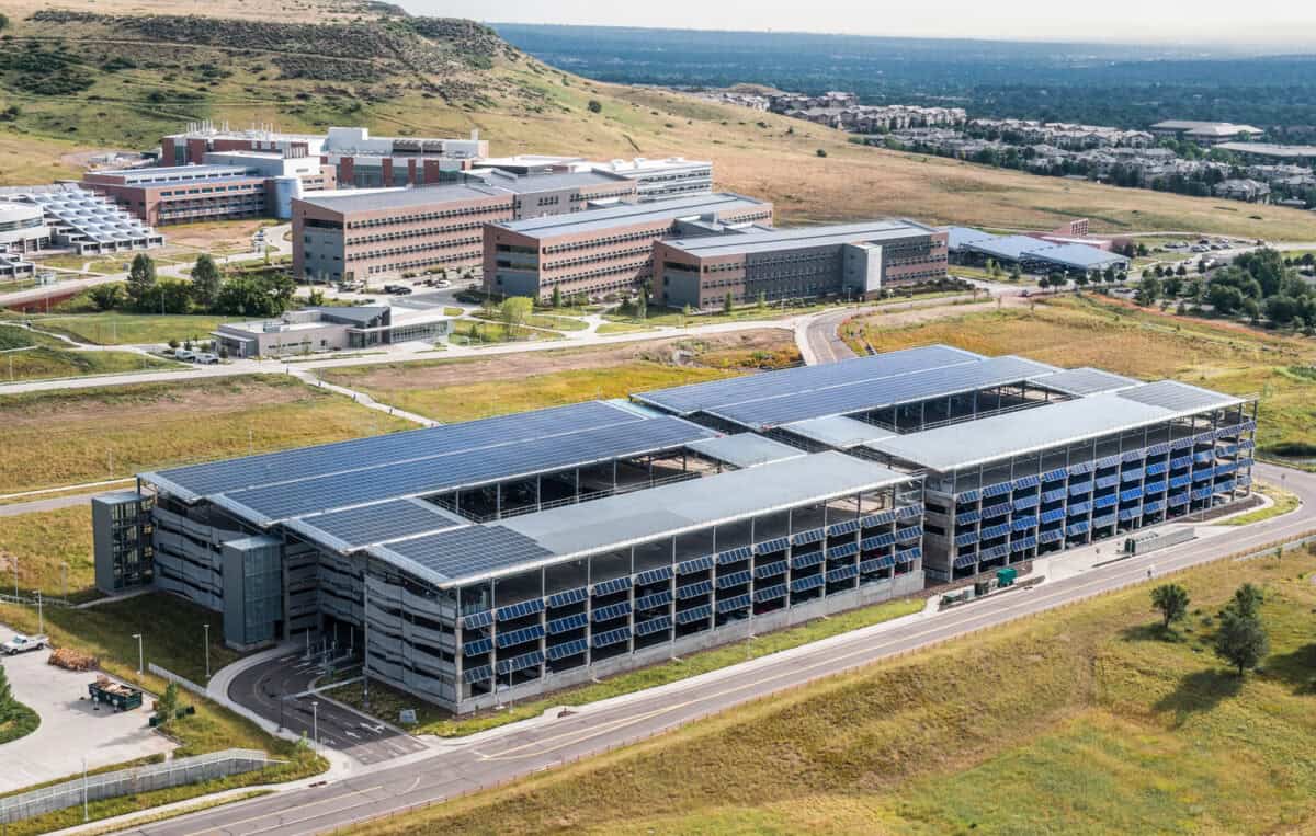 August 1, 2014 - Aerial view of the National Renewable Energy Laboratory (NREL), South Table Mesa campus (STM) looking northeast.  (Photo by Dennis Schroeder / NREL)