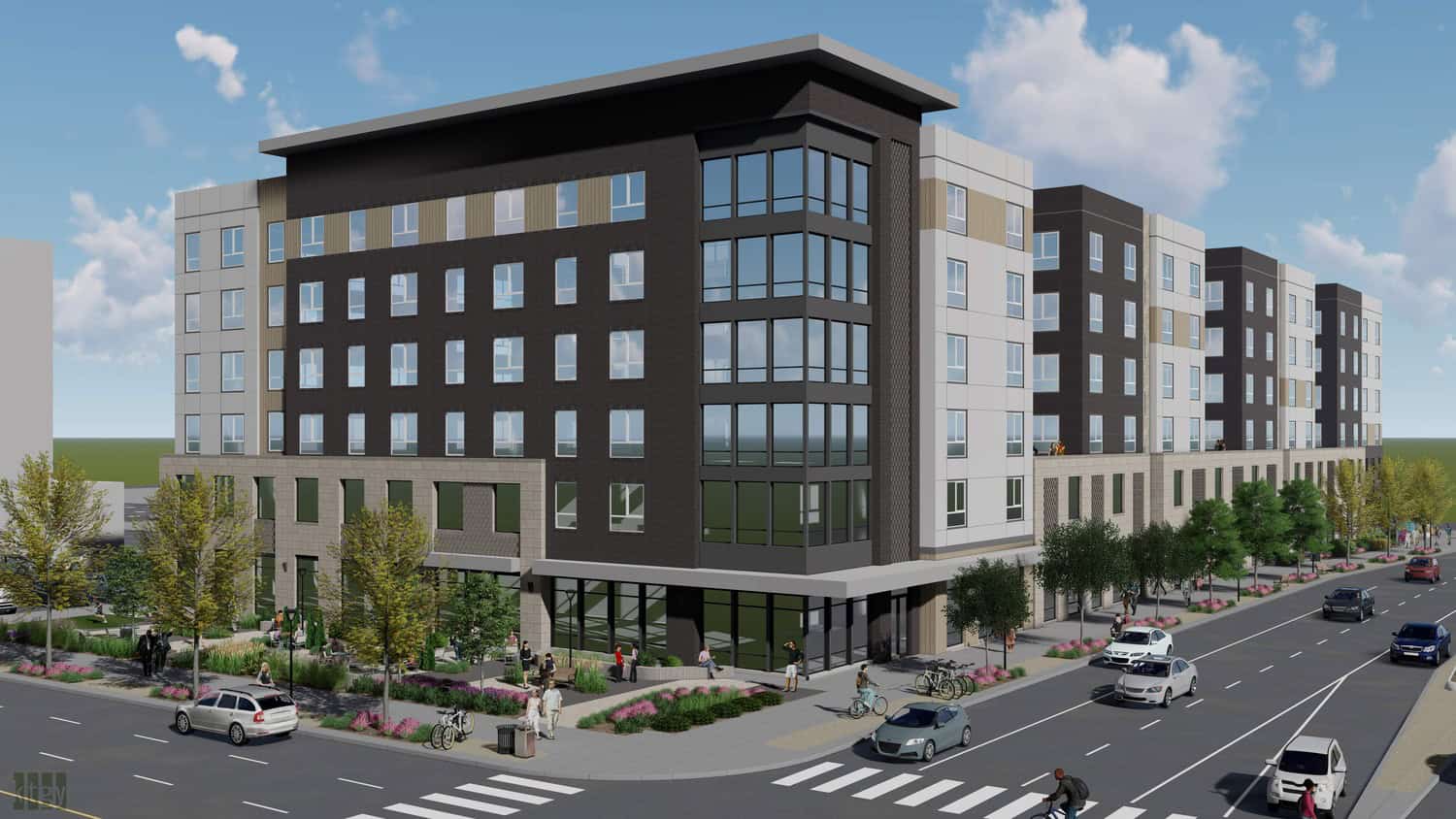 A six-story mixed-use apartment building fronts a city street, with ground-floor storefronts and people walking; cars, bicycles, trees, and crosswalks line the urban streetscape under a blue sky.