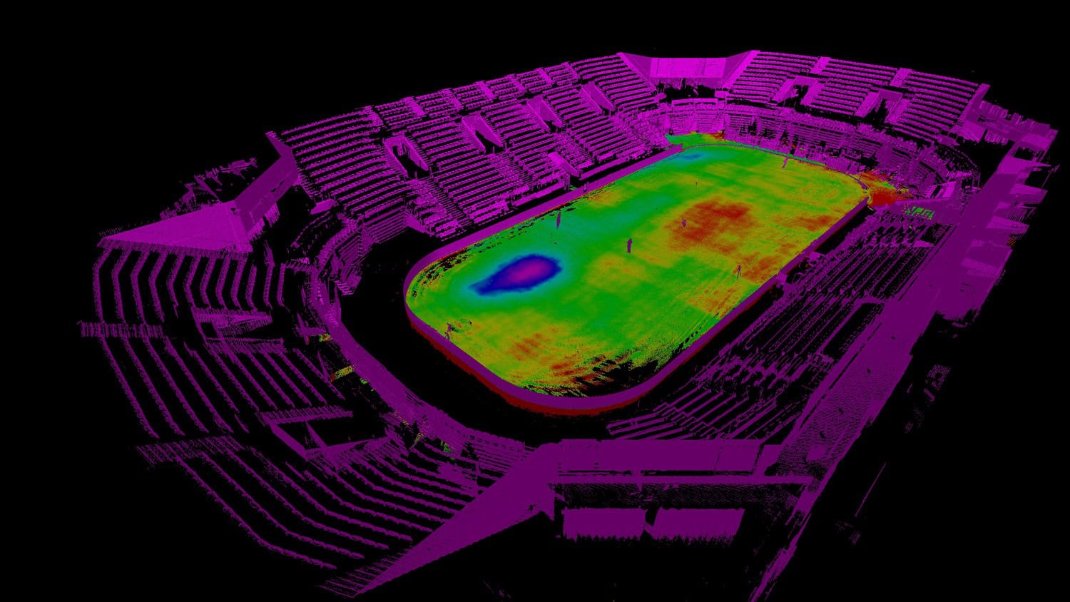 Football stadium rendered as a false-color point cloud; the field shows a green-to-red height/heat gradient with a blue depression near one end, surrounded by purple spectator stands on a black background.