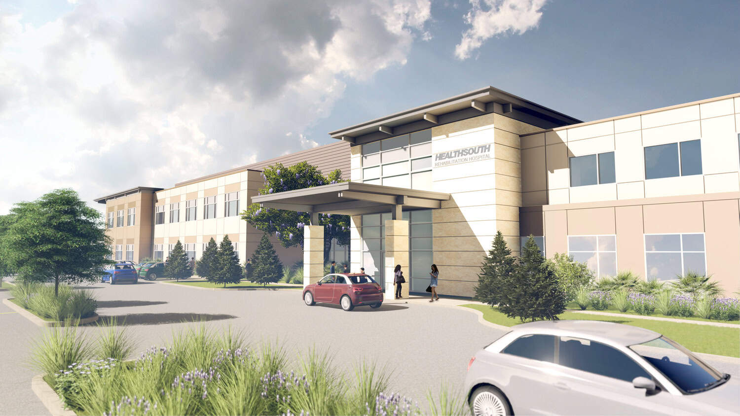 Sign on façade: HEALTHSOUTH REHABILITATION HOSPITAL. Two-story hospital building stands with a covered drop-off (porte-cochère) where people walk and cars pull up; landscaped grounds and cloudy sky.