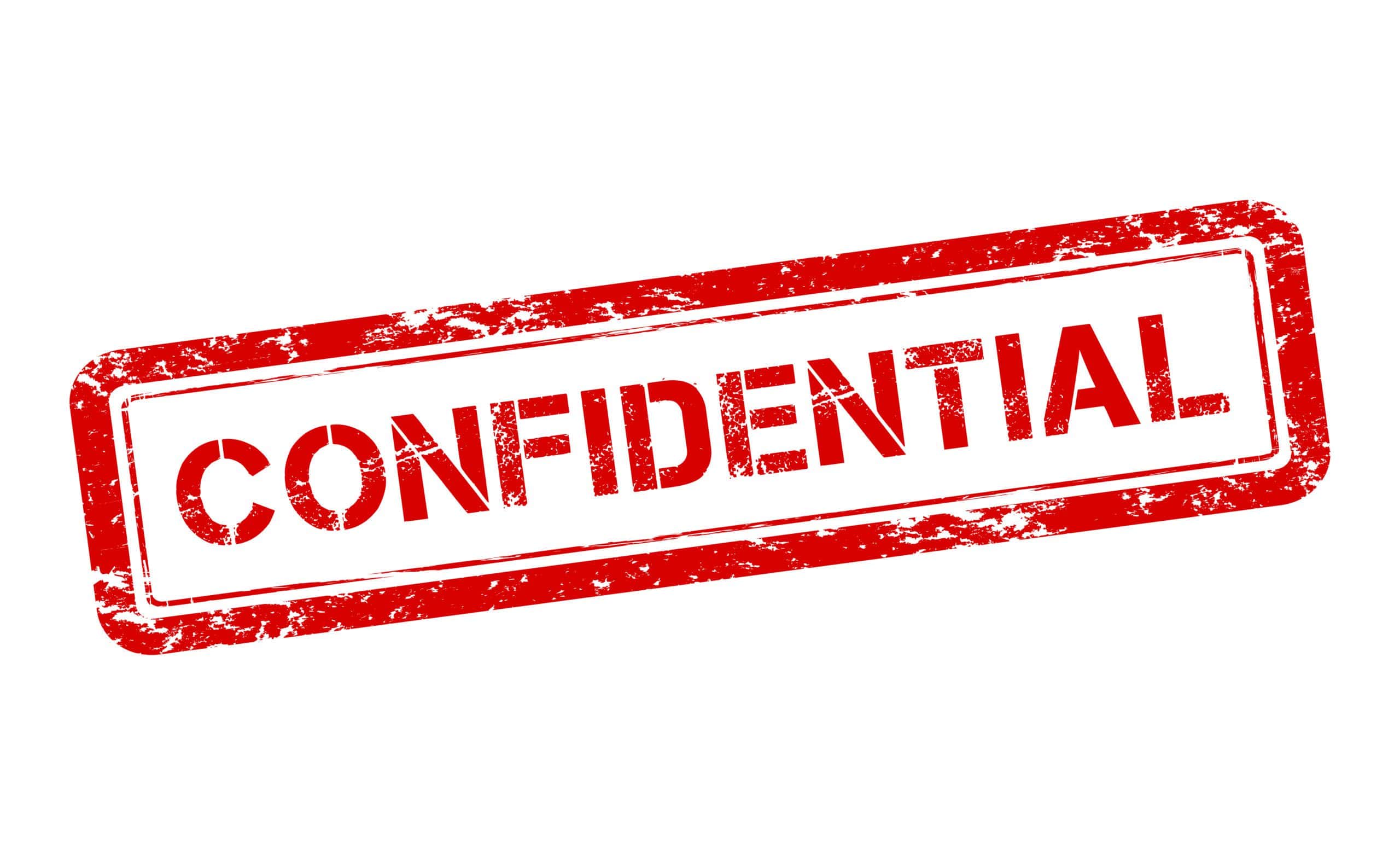 Red rectangular stamp reading "CONFIDENTIAL" is diagonally stamped with a distressed, weathered texture on a plain white background.