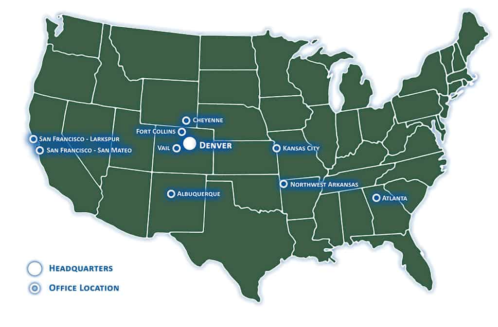 Map of the continental United States showing a company’s headquarters highlighted in Denver and multiple office locations marked across the country on a dark green background.

Transcribed text:
San Francisco - Larkspur
San Francisco - San Mateo
Fort Collins
Vail
Cheyenne
DENVER
Albuquerque
Kansas City
Northwest Arkansas
Atlanta
HEADQUARTERS
OFFICE LOCATION