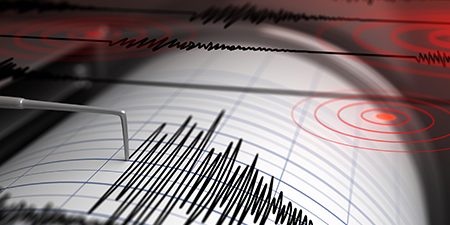 Seismograph with paper in action and earthquake - 3D Rendering